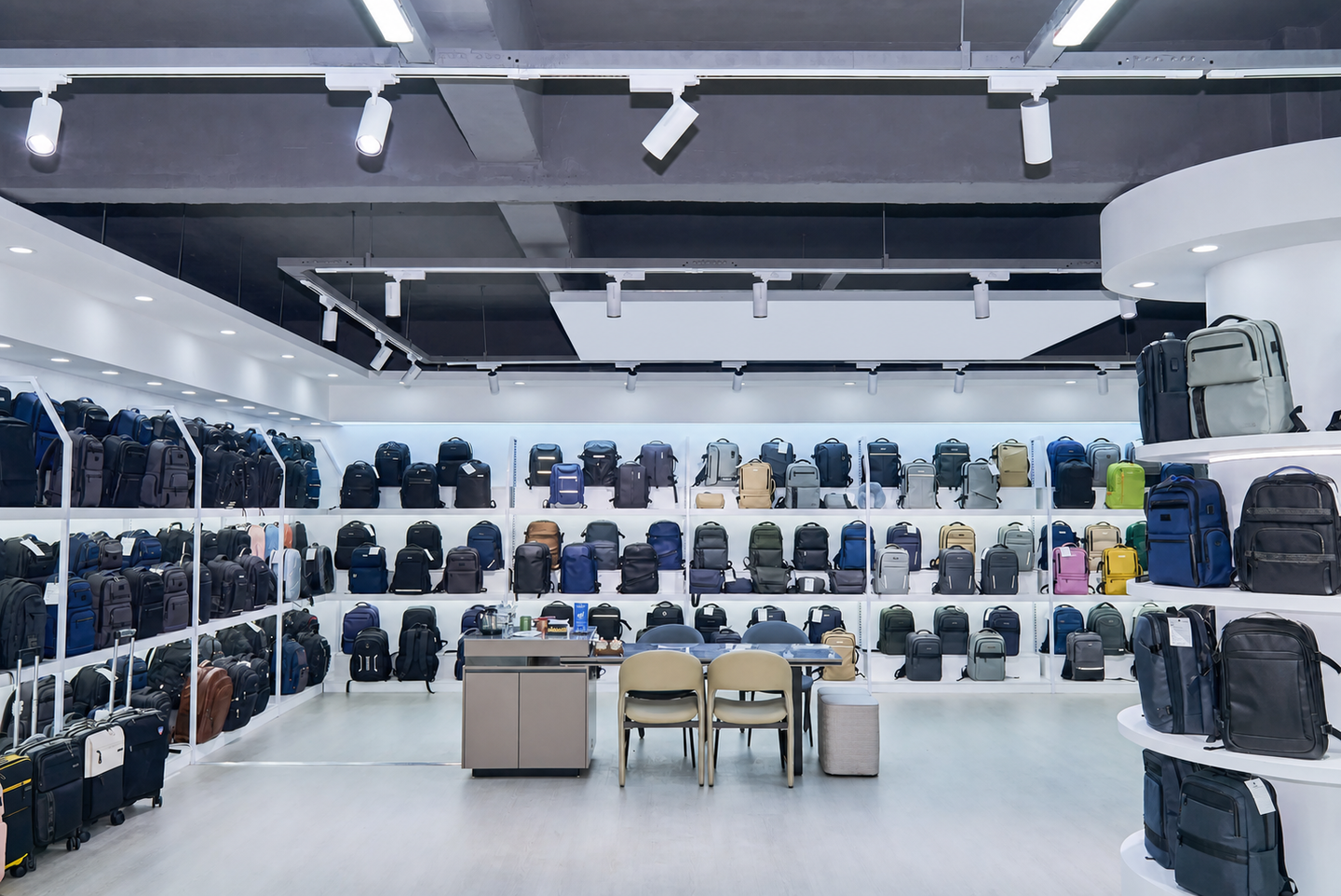 Backpack samples arranged on illuminated shelves around a meeting table