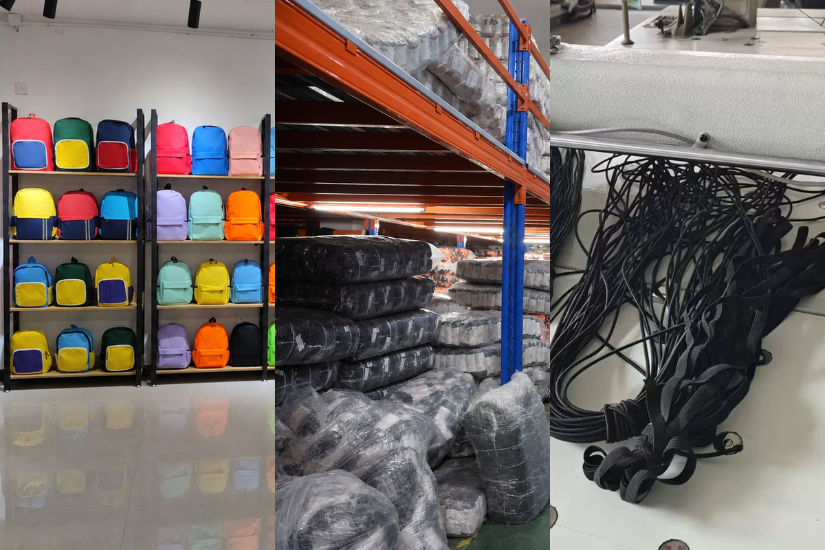 Three-panel reference showing colorful bag samples, stored textile materials and black bag components